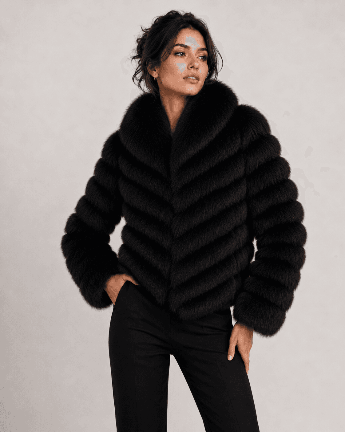 Chevron fox fur coat in black, front view