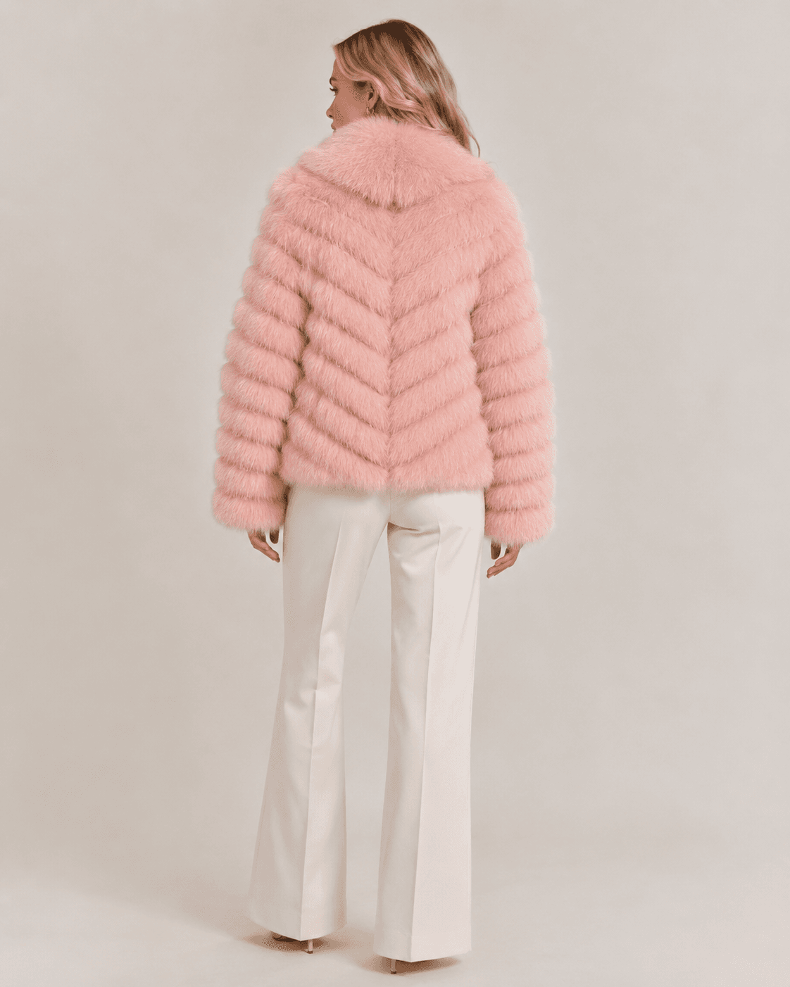 Chevron fox fur coat in pink, back view