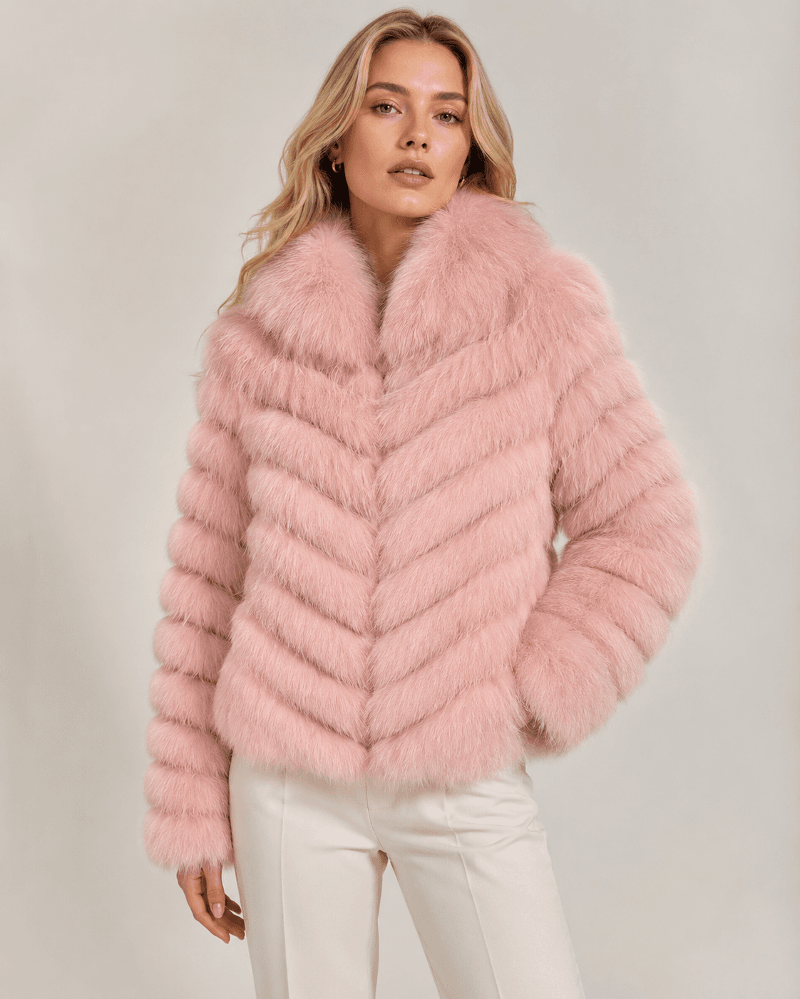 Chevron fox fur coat in pink, front view