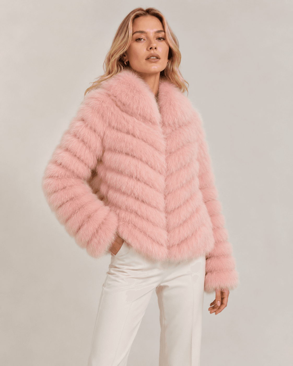 Chevron fox fur coat in pink, full-length view