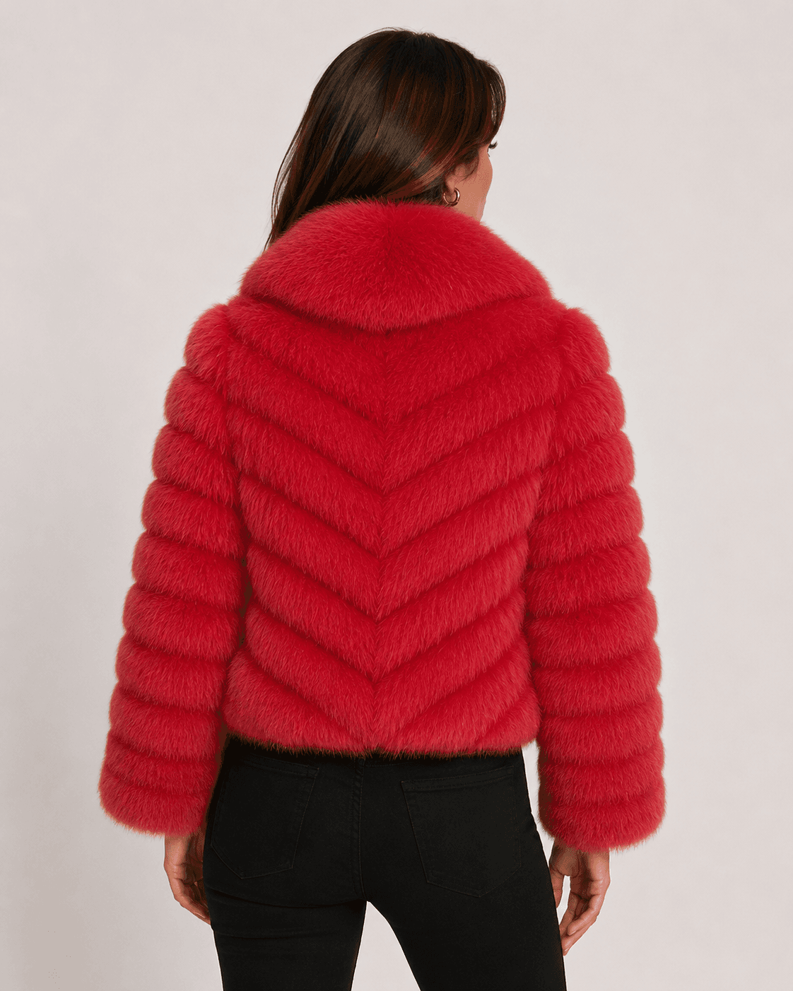 Chevron fox fur coat in red, back view