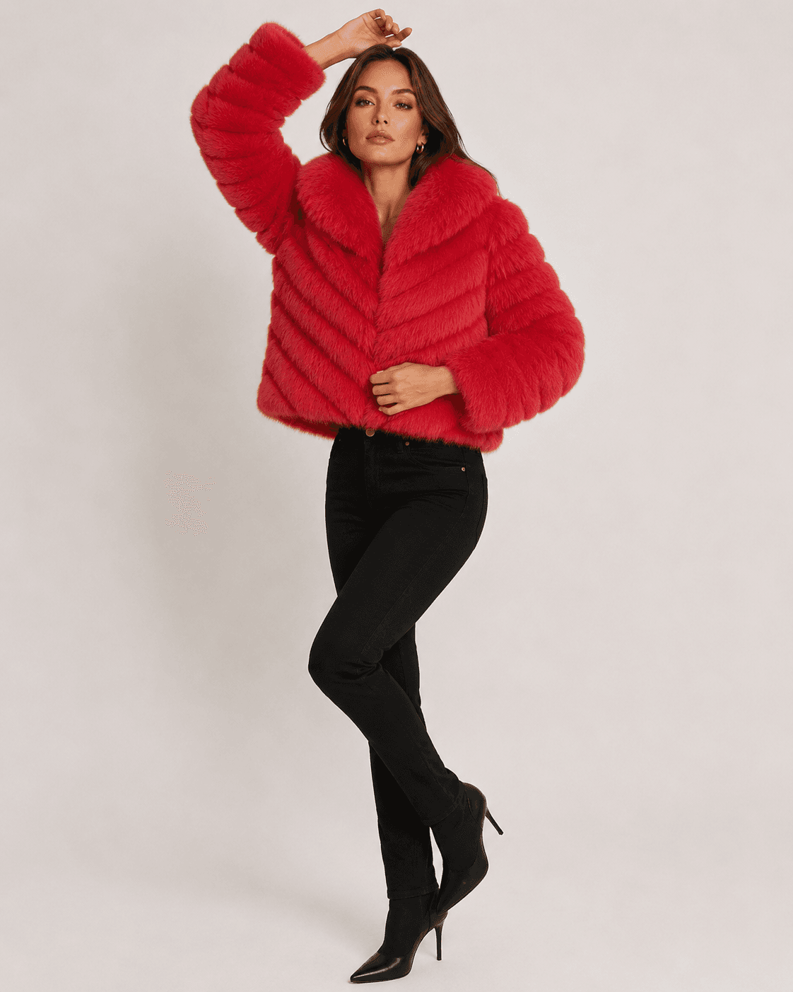 Chevron fox fur coat in red, full-length view