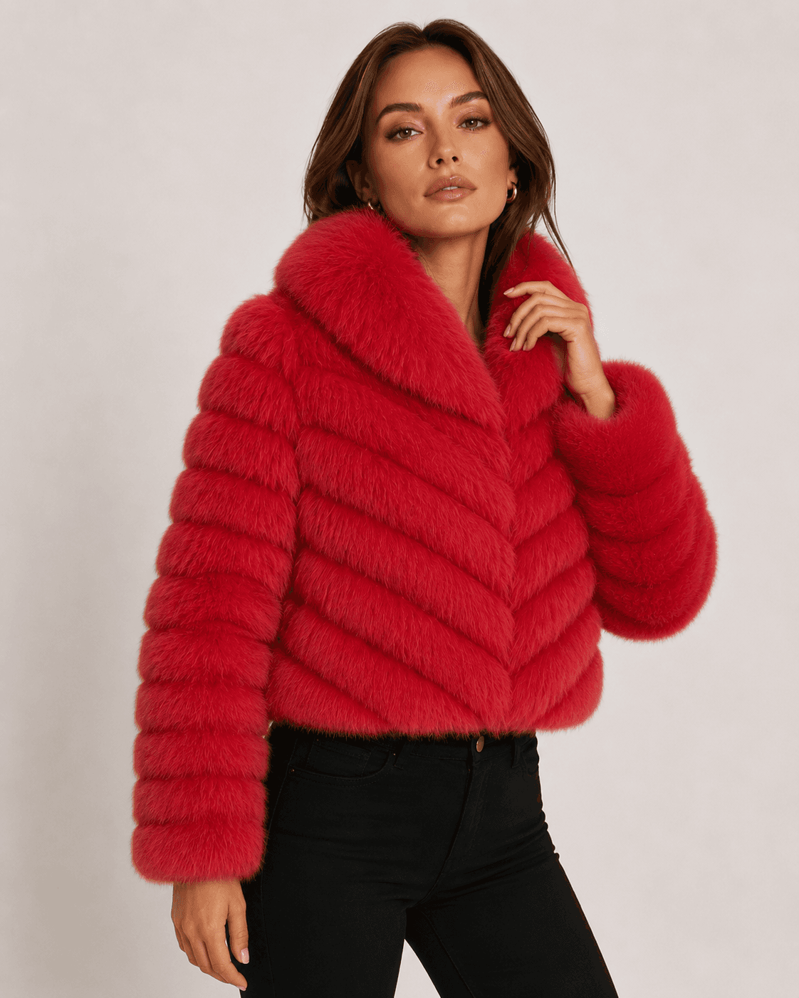 Chevron fox fur coat in red, side view