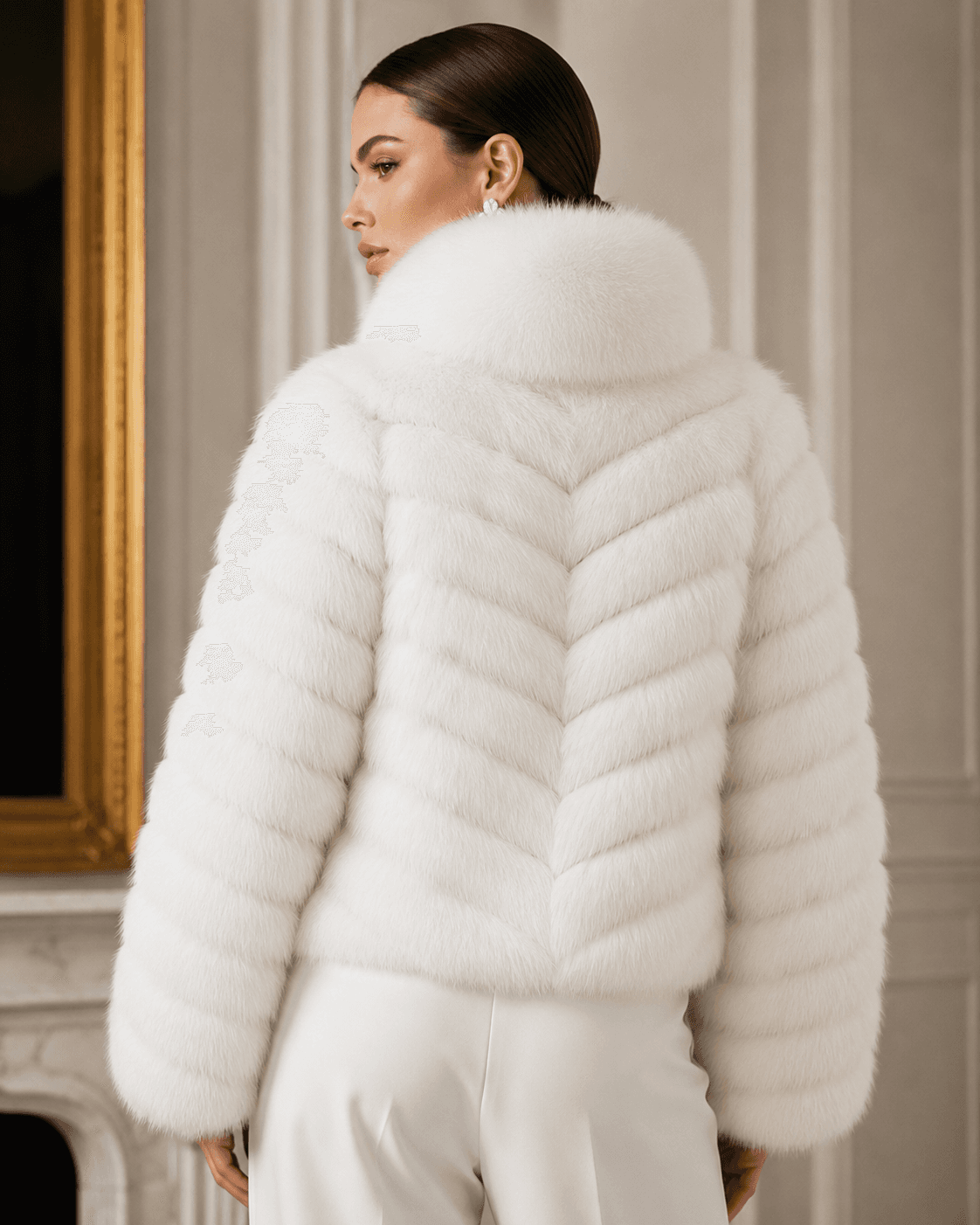Chevron fox fur coat in white, back view