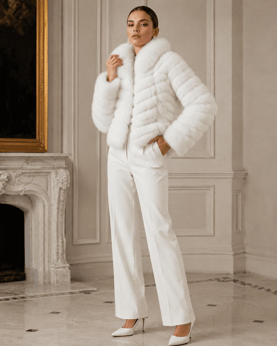 Chevron fox fur coat in white, full-length view