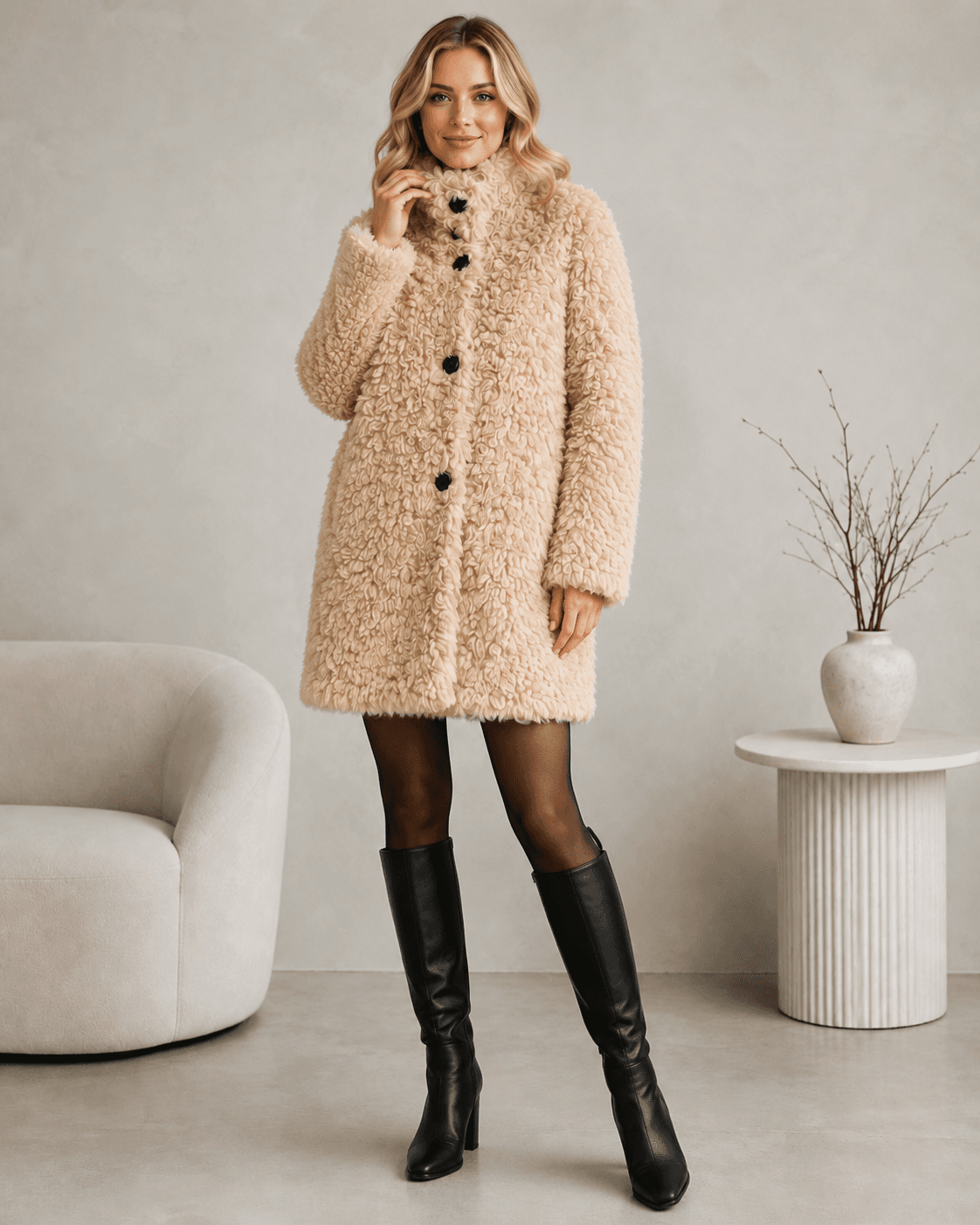 Teddy wool coat in beige, full-length view