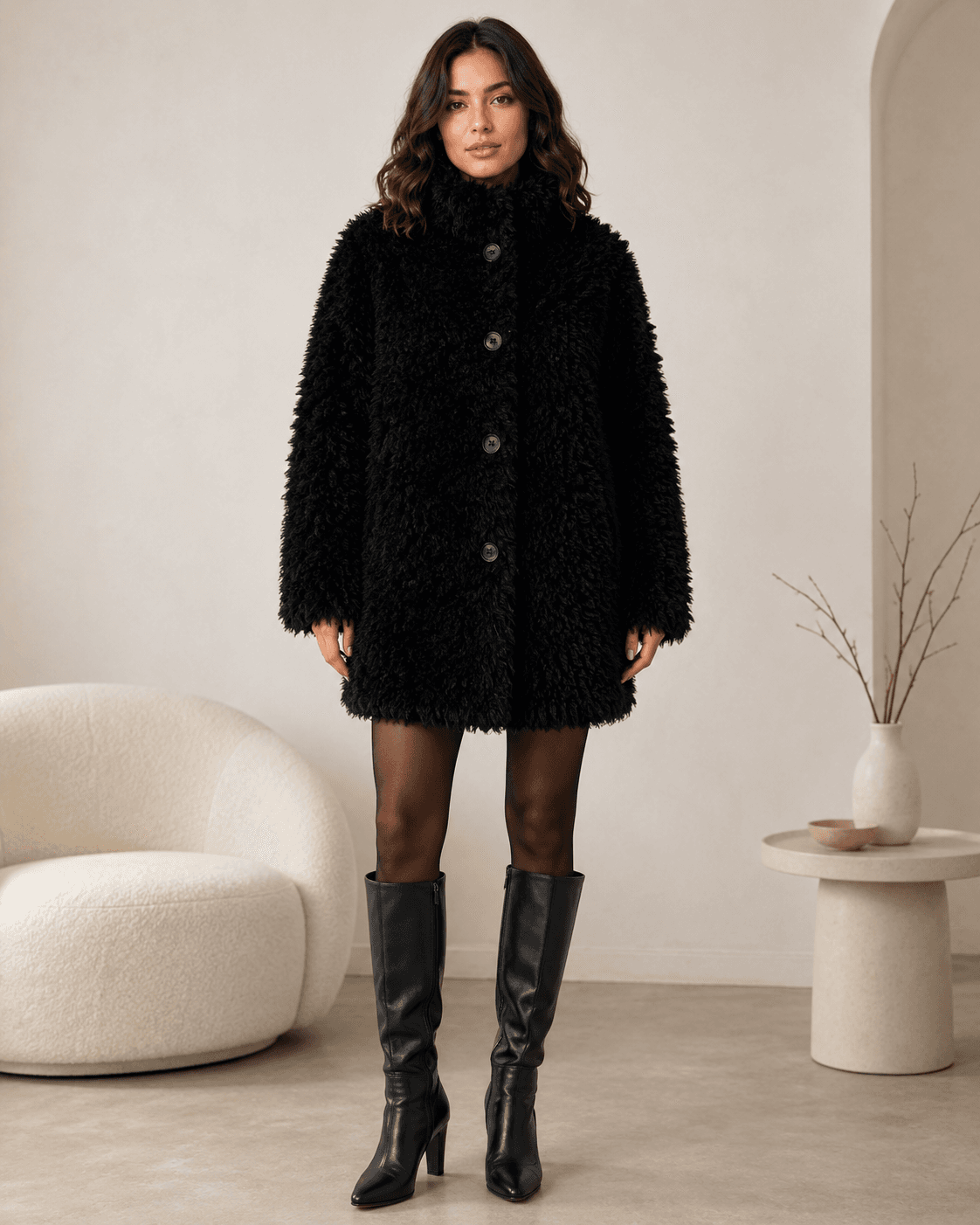 Teddy wool coat in black, front view