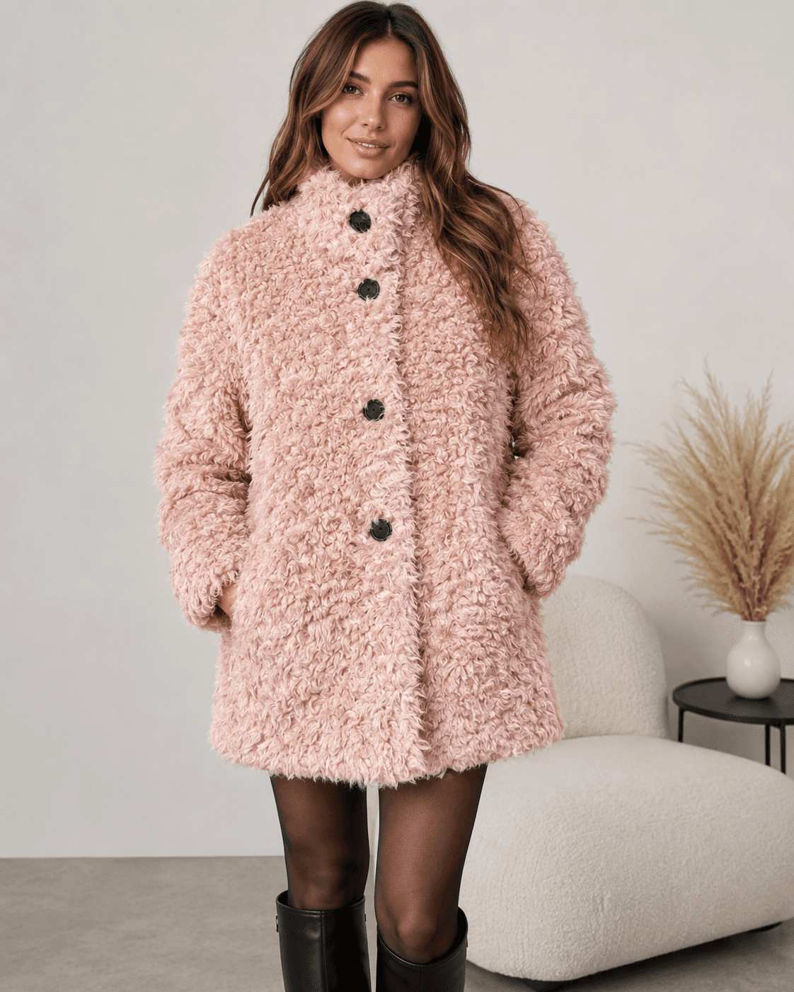 Teddy wool coat in blush, front view