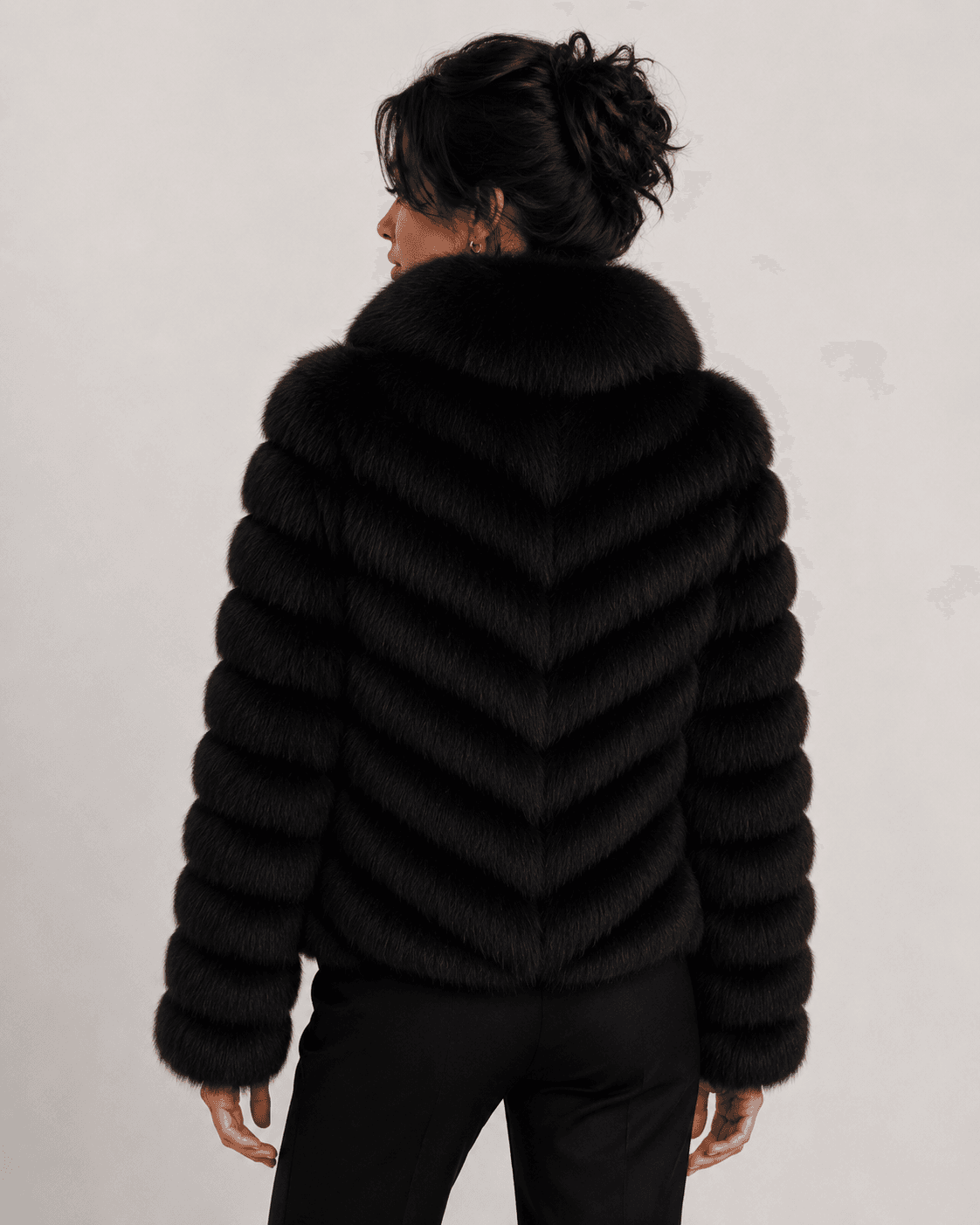 Chevron fox fur coat in black, back view