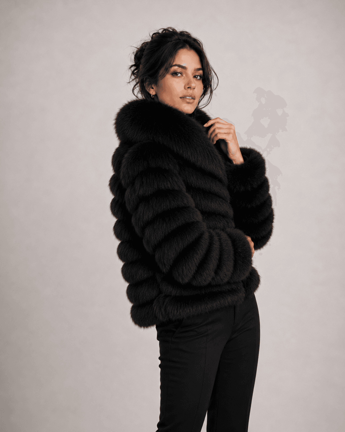 Chevron fox fur coat in black, side view
