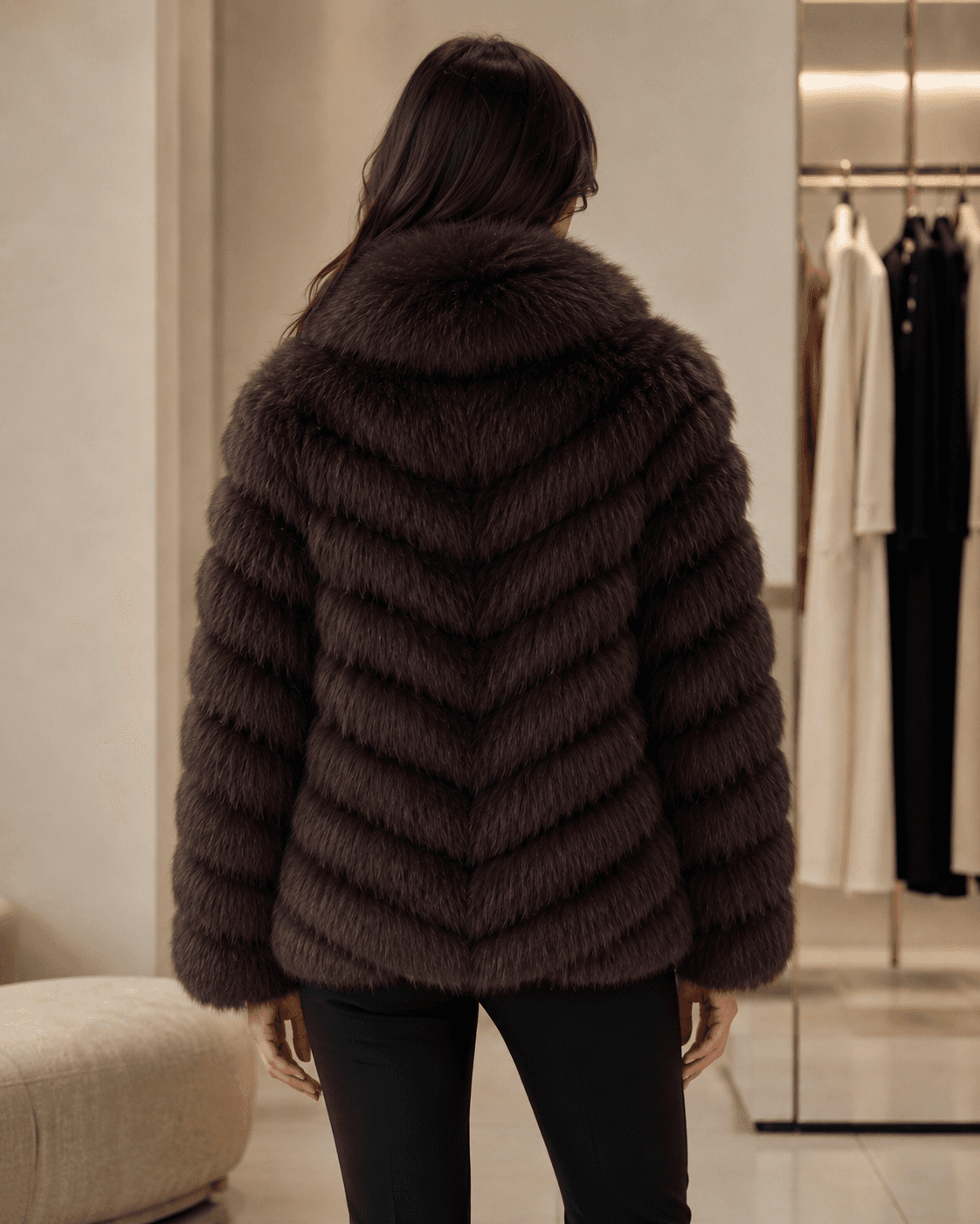 Chevron fox fur coat in brown, back view