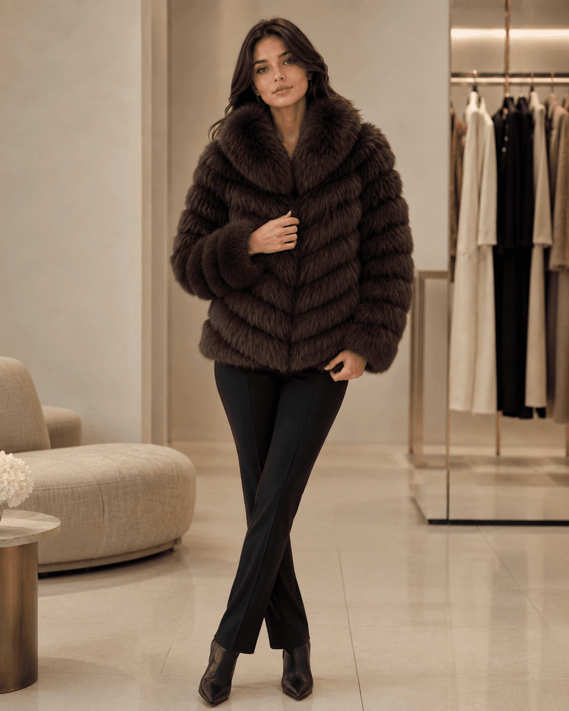 Chevron fox fur coat in brown, full-length view
