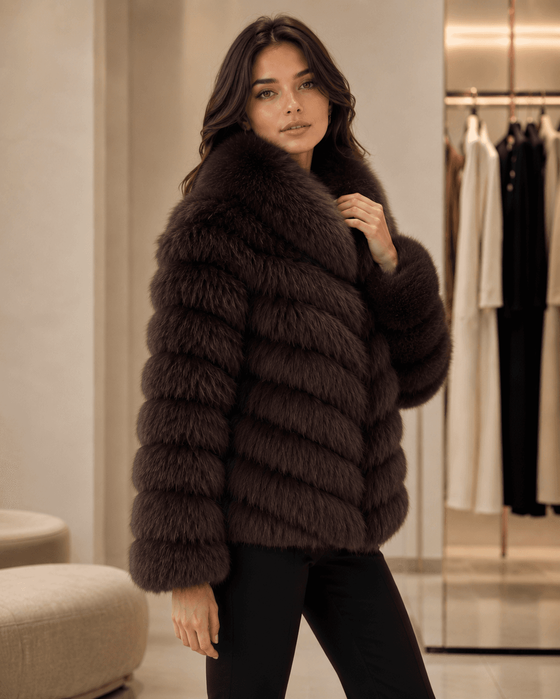 Chevron fox fur coat in brown, side view